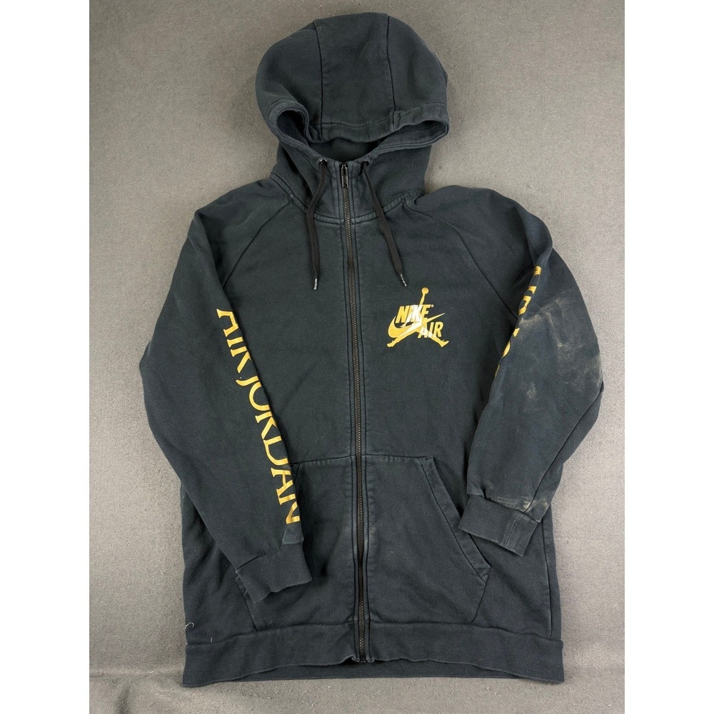 Jordan Mens Black Full Zip Hoodie Fleece Gold Air Jumpman Logo Sleeve Print L